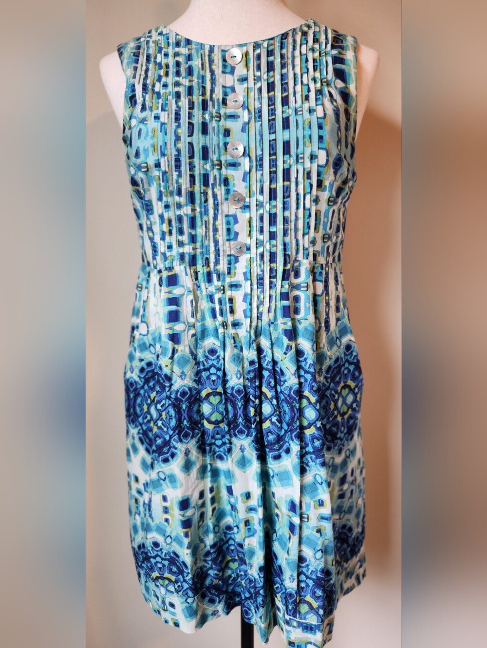Womens Sz 14 Blue Green Cotton Sundress Pockets Tuxedo Pleat Shell Buttons